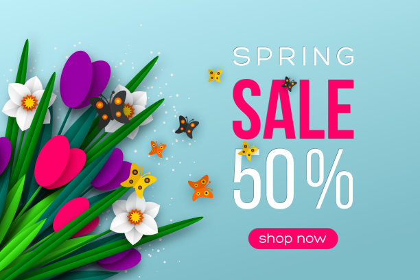 剪纸花的春季促销横幅。图片下载
