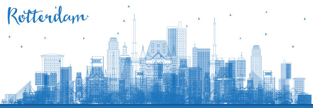用蓝色建筑勾勒荷兰鹿特丹的天际线。图片下载