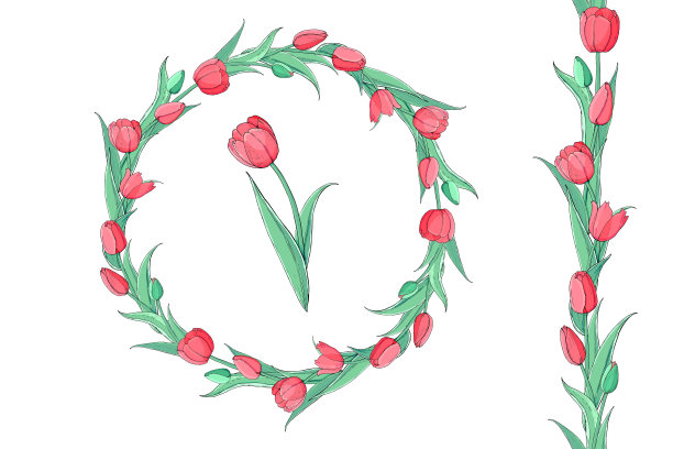 Stock vector花套无缝从红色郁金香和美丽的花环花刷子。图片下载