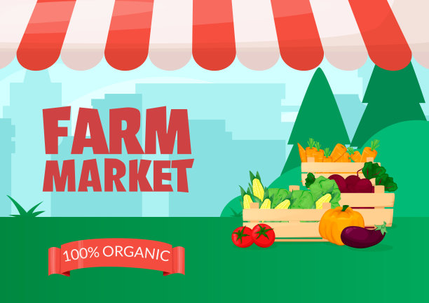 农贸市场横幅模板。生态有机本地商店。卖水果和蔬菜。产生站。卡通风格的向量图片下载