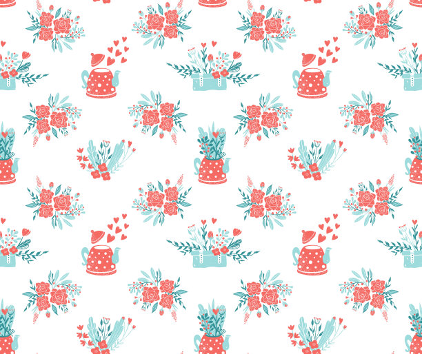 情人节和婚礼的剪纸。可爱的茶壶和一束花。春花在花盆里无缝图案向量图片下载