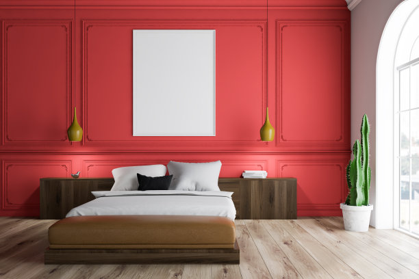 红色的卧室内饰有海报图片下载