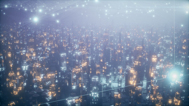 未来城市在夜晚的迷雾中，城市的未来被网格所覆盖，信息传递的三维插画概念图片下载