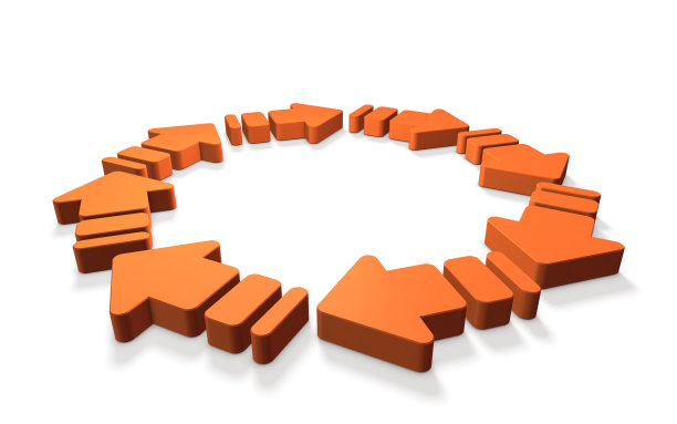 多个箭头在每个箭头后面以环状连接。它显示了进步。3 d演示。白色背景。图片下载