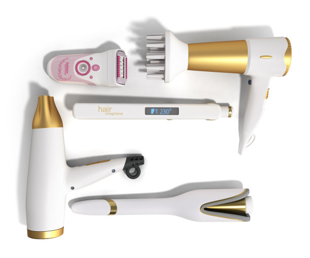 一套护发设备，吹风机，脱毛机，卷发器，直发器，3d渲染白色图片下载