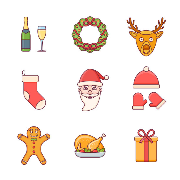 一套圣诞节平线图标。矢量插图。图片下载