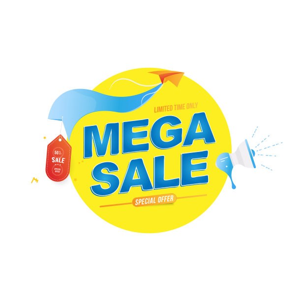 Mega Sale横幅模板设计。喇叭和纸飞机特价。矢量插图。图片下载