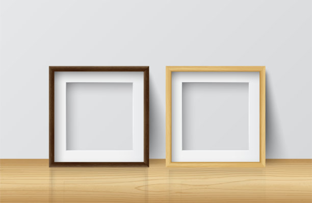 浅色和深色木纹相框样机，立于浅色木地板上图片下载