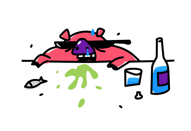 一个可爱的alko猪戴着太阳镜的插图。向量。平的风格。猪喝伏特加醉了。喝猪呕吐。互联网文化基因。是反对酗酒的象征。喝得酩酊大醉。图片下载