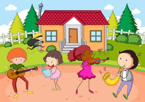 孩子们在房子前面演奏音乐图片下载