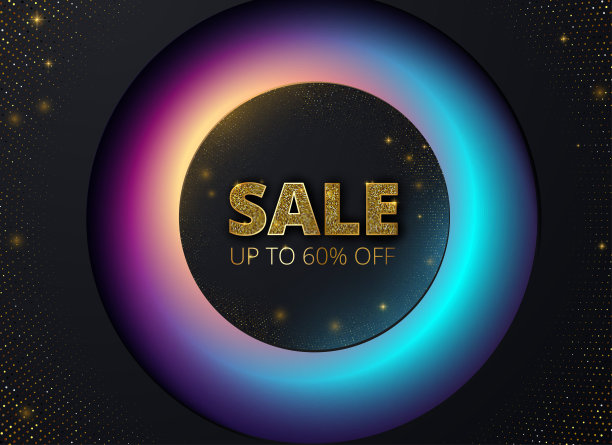 促销高达六折霓虹灯闪闪的促销海报。图片下载