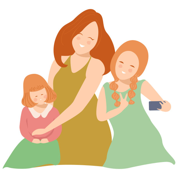 母亲和她的孩子在用智能手机自拍，母亲节的概念向量素材图片