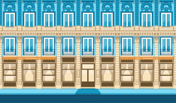 无缝的城市背景。美丽的建筑。街道和可爱的建筑。酒店或餐厅。横幅,宣传单模板。简约的现代卡通设计。平面风格矢量插图。图片下载