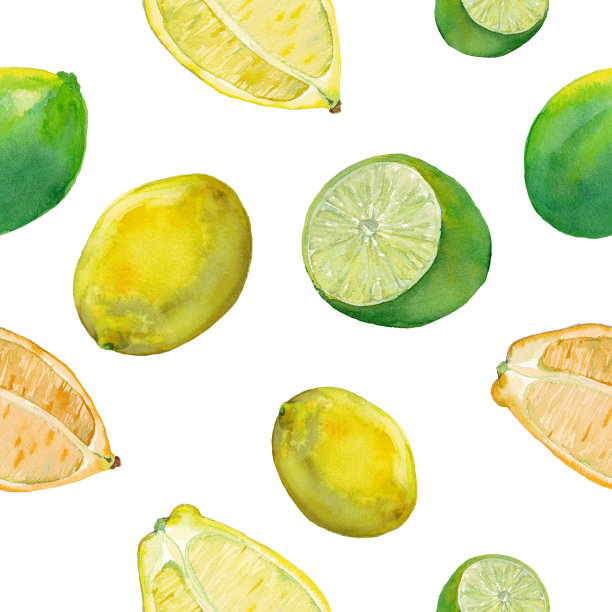 水彩无缝模式的新鲜柑橘类水果-柠檬和酸橙。水果从中间切开。图片下载