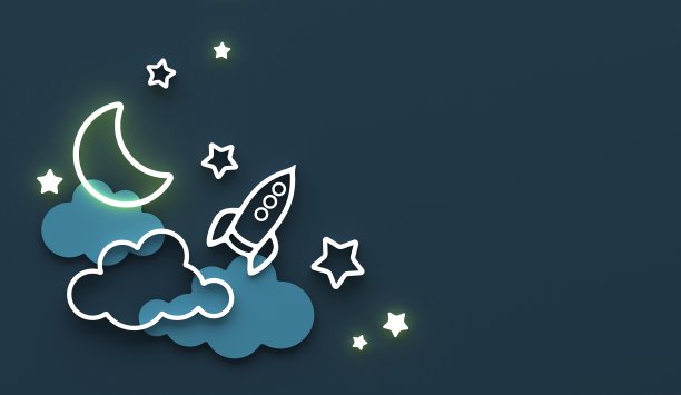 卡通睡觉的月亮，云彩和星星在夜空中。祝晚安，做个好梦。带有副本空间的贺卡。图片下载