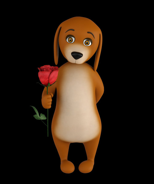 卡通情人狗与一个红玫瑰在手，孤立在黑色的背景。三维渲染图片下载