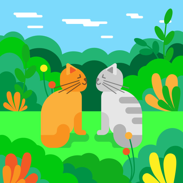 在草地上恋爱的猫。矢量插图。夏天的风景图片下载