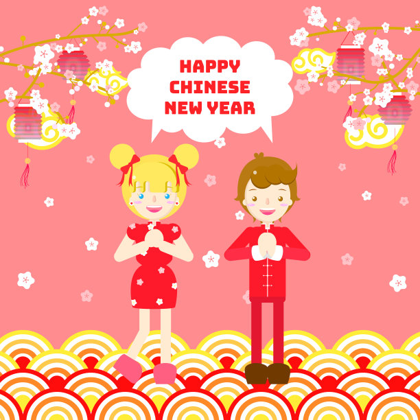 春节快乐，亚洲文化节的概念，男人和女人穿着红色旗袍和灯笼图片下载