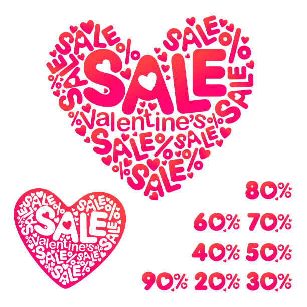 带心形的矢量图。爱的插图，浪漫的主题，图片为海报展示卖情人节，一个特别优惠，销售的百分比。图片下载