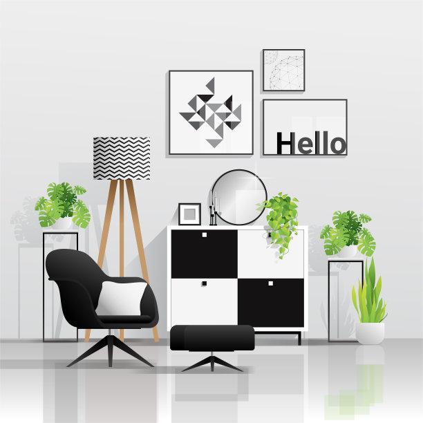 室内背景与客厅在现代黑白斯堪的纳维亚风格，矢量，插图图片下载