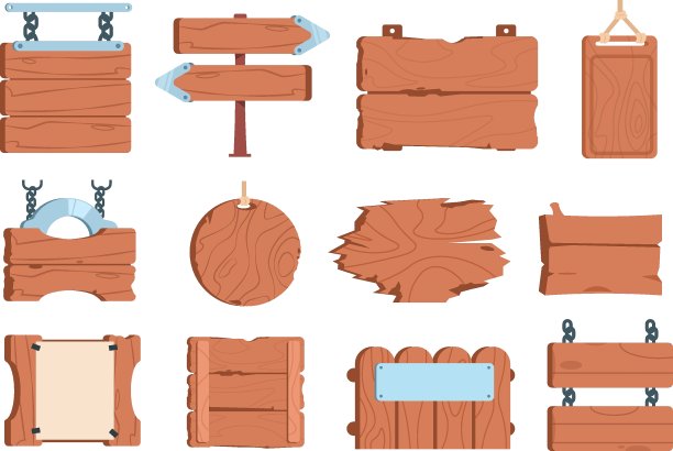 卡通木头招牌。标牌、框架、横幅、木板、老牌子、路标。向量场图片下载