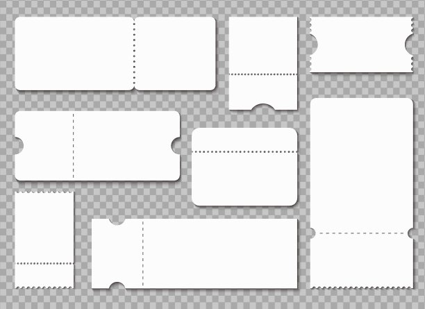 票模板。白色空白优惠券。抽奖入场门票，音乐会剧院收据独立模型图片下载