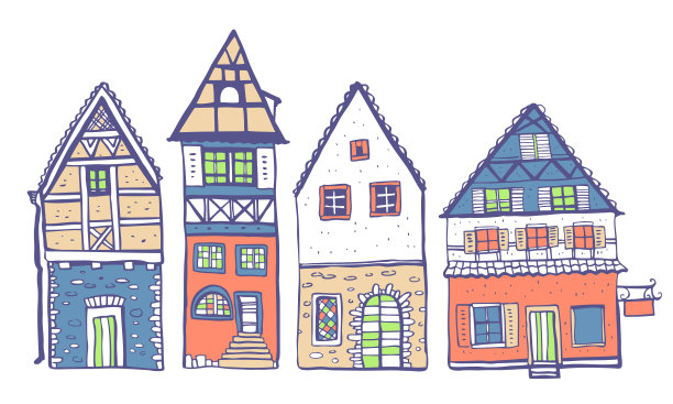 欧洲古老的石头房子。四种老式建筑立面。手绘彩色矢量素描插图上的白色背景图片下载