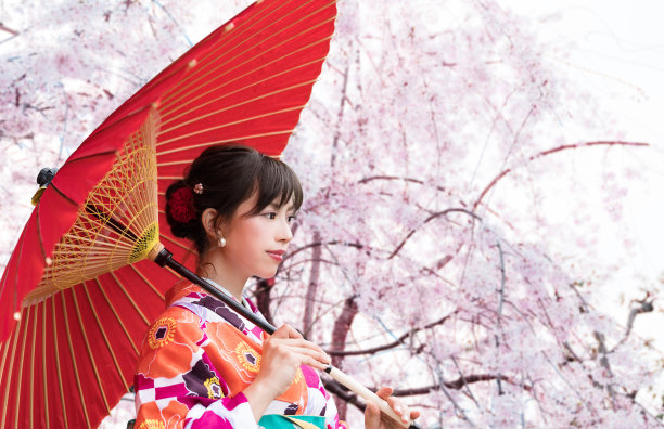 樱花和亚洲妇女穿着和服。图片下载