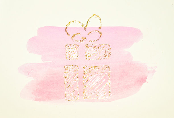 闪闪发光的礼物，盒子用丝带蝴蝶结在粉红色水彩圆形喷溅怀旧色彩，用金色的闪光图片下载