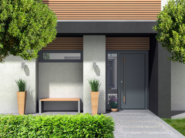 现代的家庭入口与门和前院图片下载