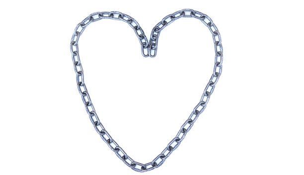 钢链作为一颗心放在白色的背景上，情人节的爱情概念图片下载