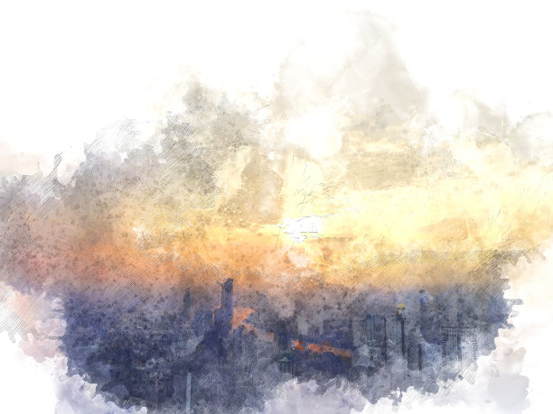 摘要以首都日出为背景的水彩插画。图片下载