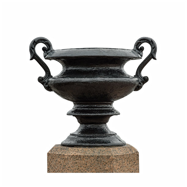 复古黑色花盆在花岗岩上孤立在白色。图片下载