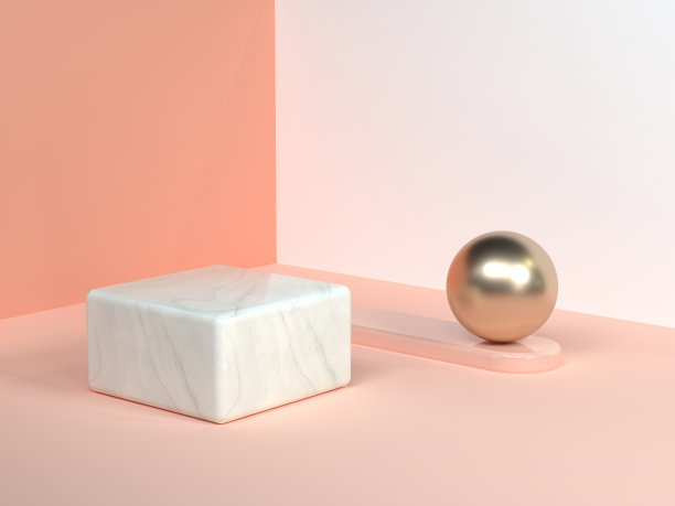 粉色/橙色/奶油色最小场景墙角抽象几何形状白色大理石正方形金色球体3d渲染图片下载