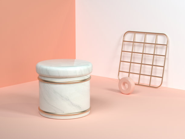 粉色/橙色/奶油色最小场景墙角抽象几何形状白色大理石圆柱黄金正方形网3d渲染图片下载