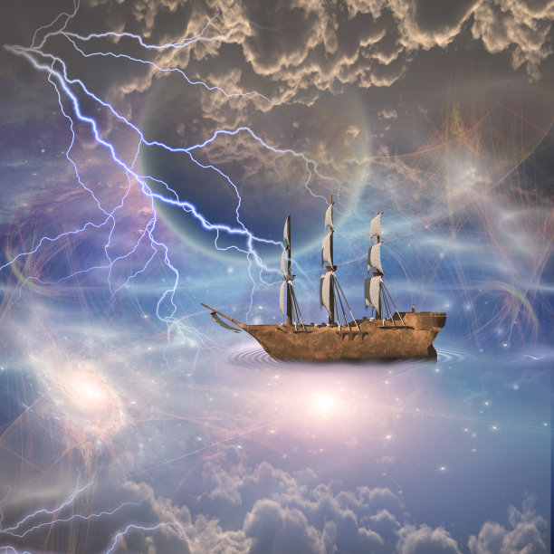 满帆的帆船在梦幻般的场景中图片下载