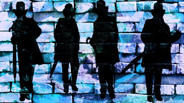 剪影的绅士在一个蓝色的背景上戴着帽子和大衣与伞在不同的姿势。虚拟涂鸦。图像，画在砖墙的照片上。图片下载