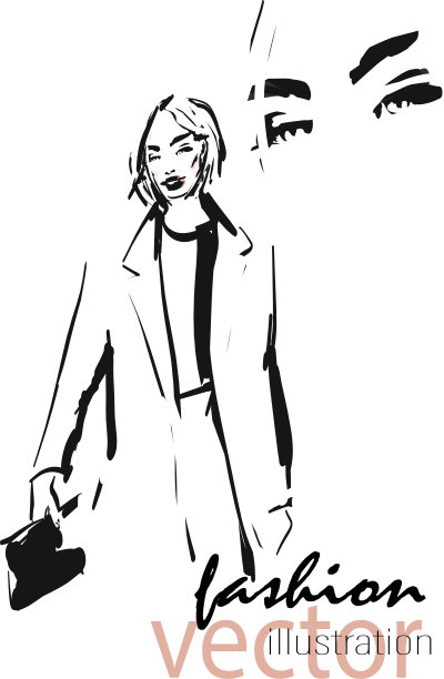 漂亮的时尚女孩在大衣。年轻女子的手绘肖像图片下载