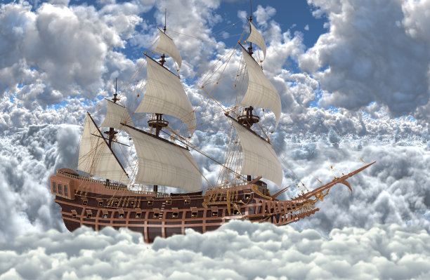 航行在云端的帆船3d插图图片下载