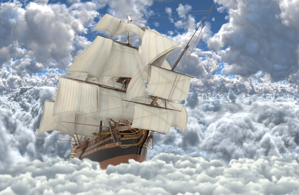 航行在云端的帆船3d插图图片下载