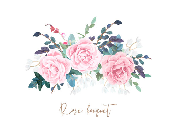 装饰的横向花环组成的苍白玫瑰，白色的春天的花，桉树和多肉植物。婚礼请柬和浪漫卡片的花束。手绘矢量插图。图片下载