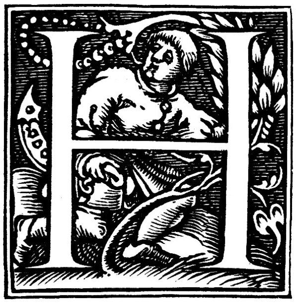 维多利亚时代的黑白版画，首字母大写H，描绘中世纪男子，背景和边框为黑色;1892年英语了图片下载