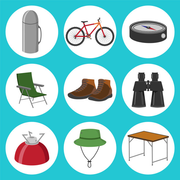 露营设备。白色背景上的一组图标。矢量插图。图片下载