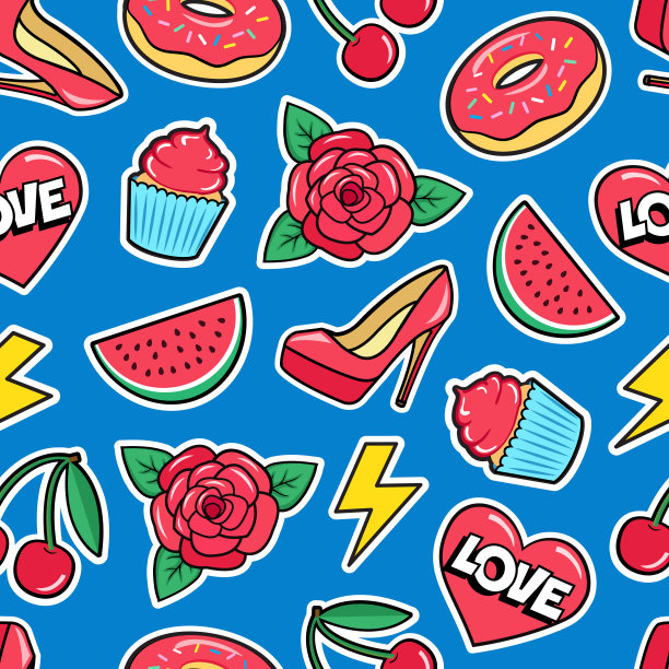 可爱的无缝图案与彩色补丁。蓝色背景的玫瑰花、樱桃、心形、西瓜、甜甜圈、纸杯蛋糕等贴纸。图片下载
