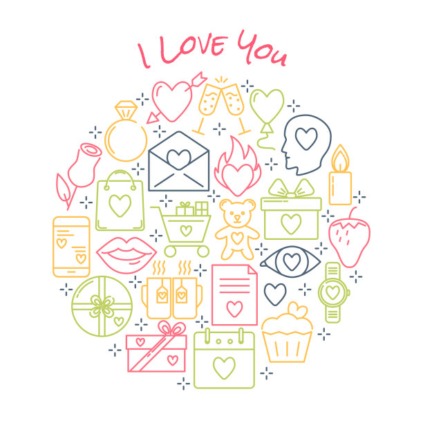 情人节圆概念与爱情图标在线风格图片下载