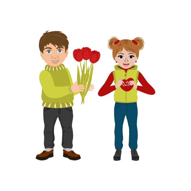 一对可爱的男孩和女孩抱着郁金香花束。图片下载