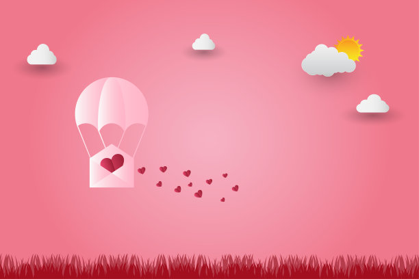 情人节气球在空中和美丽的山峦云彩中漂浮。纸艺。矢量插画图片下载