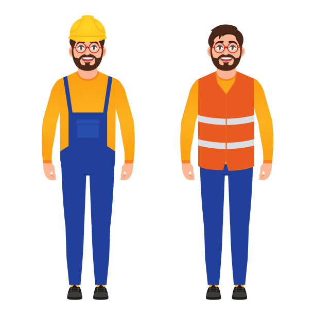 快乐的建筑工人，大胡子男子穿着施工制服，建筑背心和头盔，卡通风格的角色图片下载