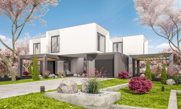 3d渲染的现代住宅与花园在春天图片下载