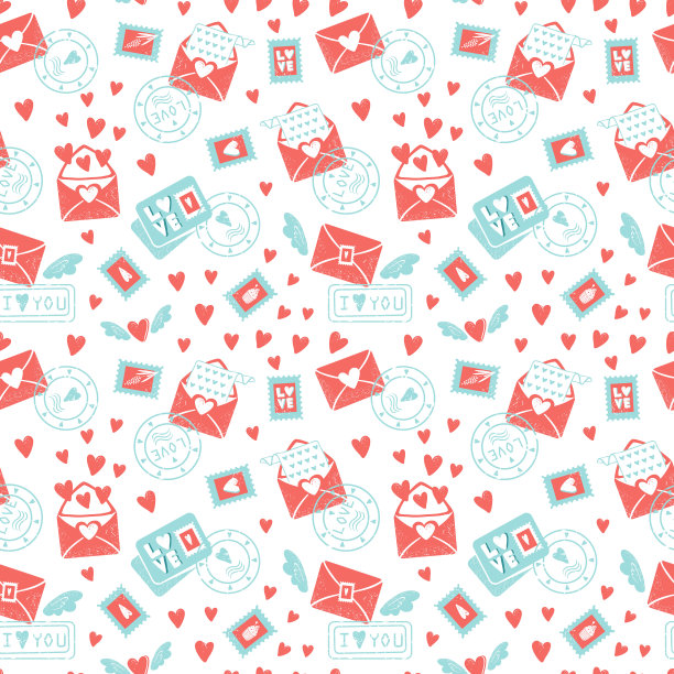 情人节无缝模式。信封上有爱心，邮票和爱心，明信片上有情书。放飞信封的心插上了翅膀。背景矢量图图片下载